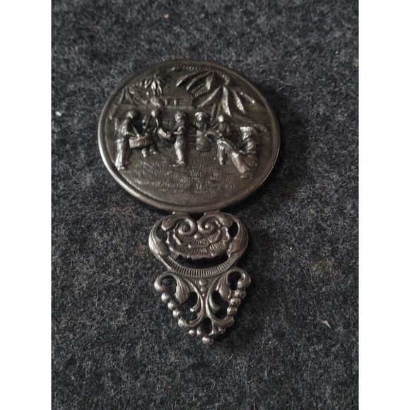 Vintage Silver plate purse Danish Hand Mirror embossed Island Scene Palm Trees - Picture 1 of 5